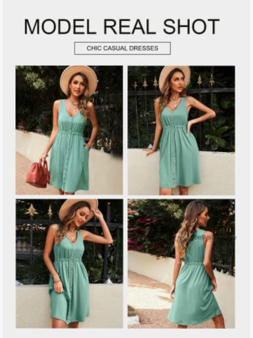 V Neck Button Down Swing Dress Sleeveless Summer Midi Dress - Picture 4 of 7